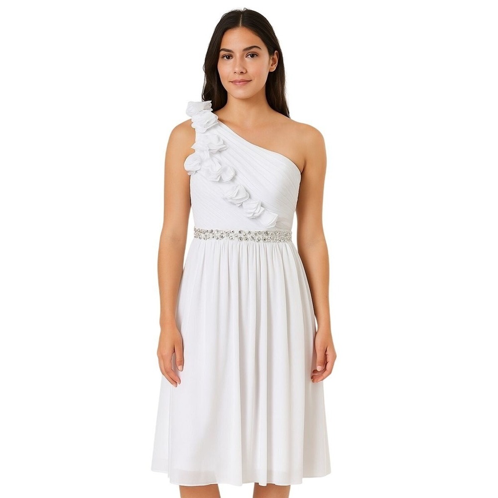 Elegant‎ One Shoulder White Dress Ruched Bodice Crystal Embellished Waist Formal